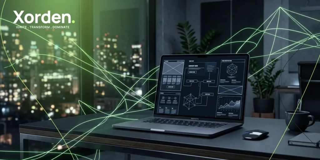 A cinematic visualization of high-converting WordPress website architecture and UI/UX wireframes for 2026, showcasing xorden.'s technical expertise within a dark, modern workspace featuring glowing neon green network overlays.