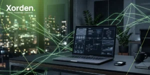 A cinematic visualization of high-converting WordPress website architecture and UI/UX wireframes for 2026, showcasing xorden.'s technical expertise within a dark, modern workspace featuring glowing neon green network overlays.